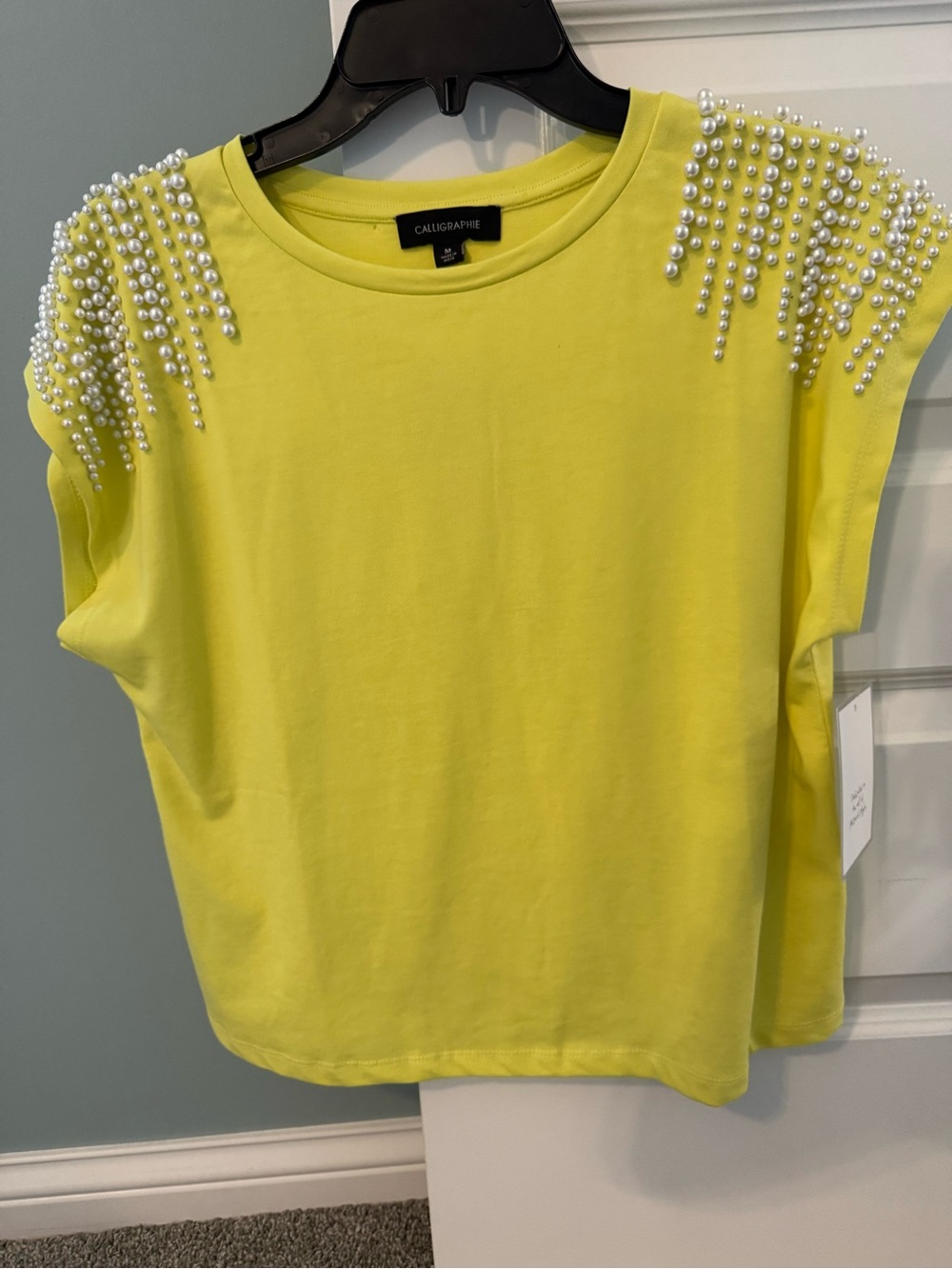 Calligraphe Yellow Pearl-Embellished Short Sleeve Tee
